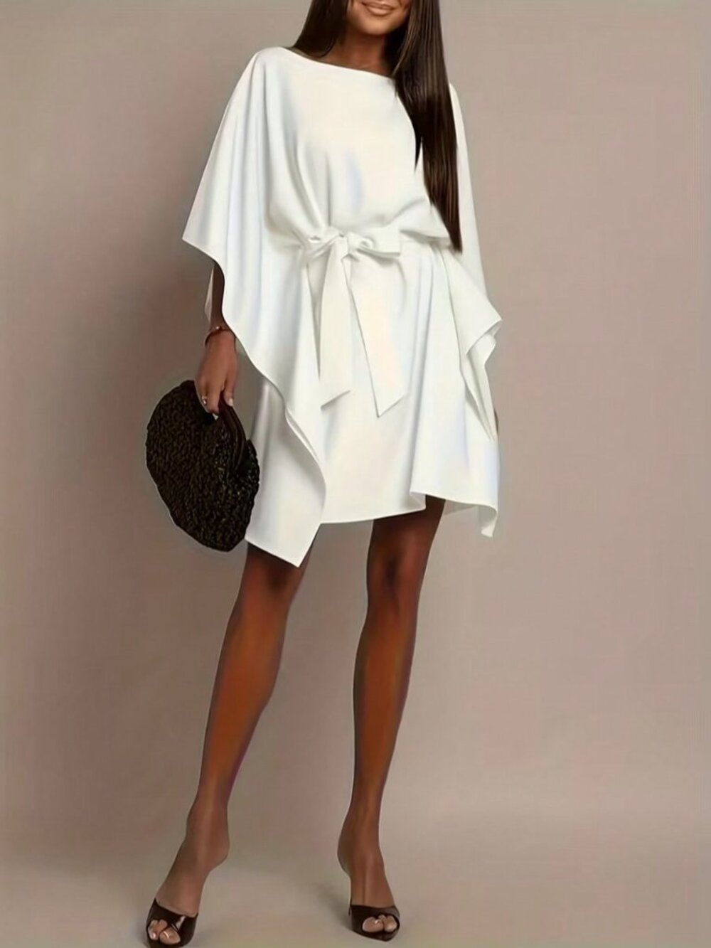 White Belted Women's Flowy Cape Sleeve Dress - Picture 3 of 4